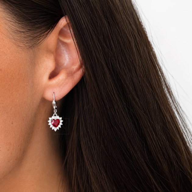 Srebrna viseće naušnice Ruby Heart Elegance